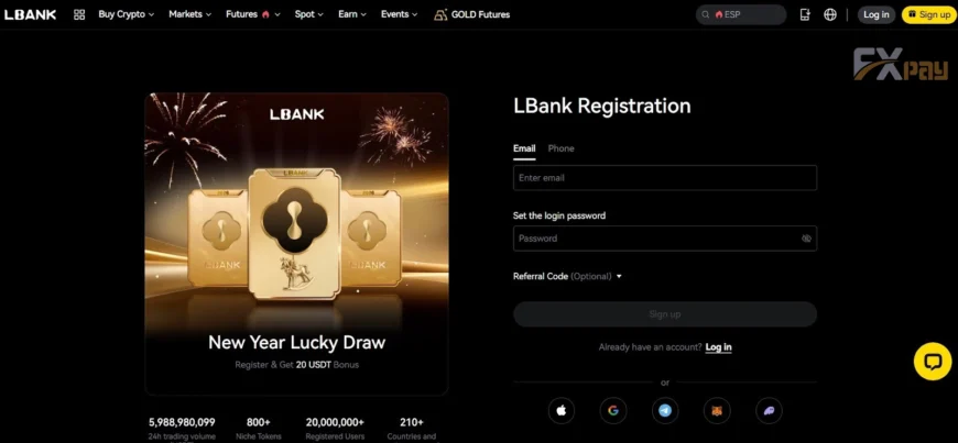 صفحه ثبتنام و ورود در صرافی LBank؛ آموزش گامبهگام ساخت حساب کاربری جدید با ایمیل برای معاملهگران.