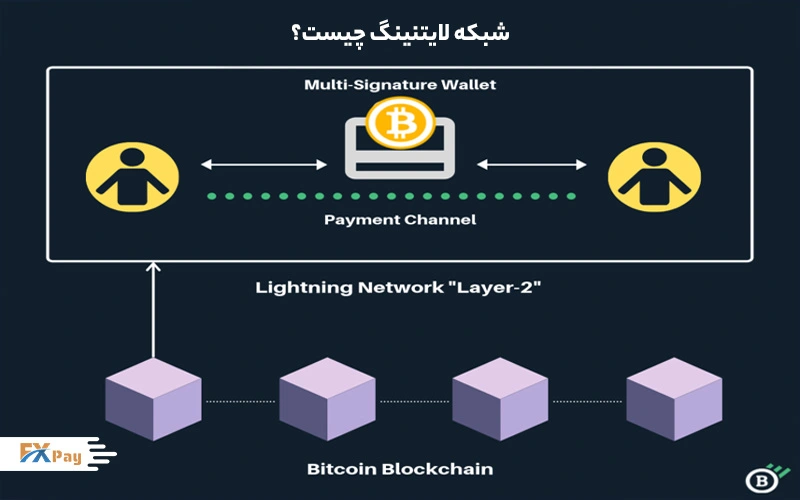 نمودار شبکه لایتنینگ (Lightning Network) بهعنوان راهحل لایه دوم بیتکوین، نمایش کانال پرداخت و کیف پول چندامضایی، ارائهشده توسط Fxpay.co