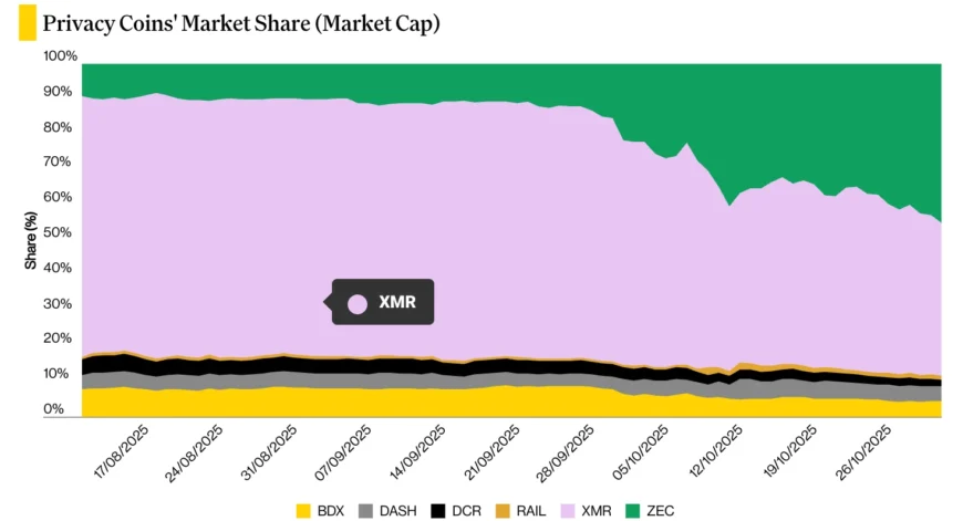 نمودار سهم بازار کوینهای حریم خصوصی بر اساس ارزش بازار و رشد دامیننس زیکش.