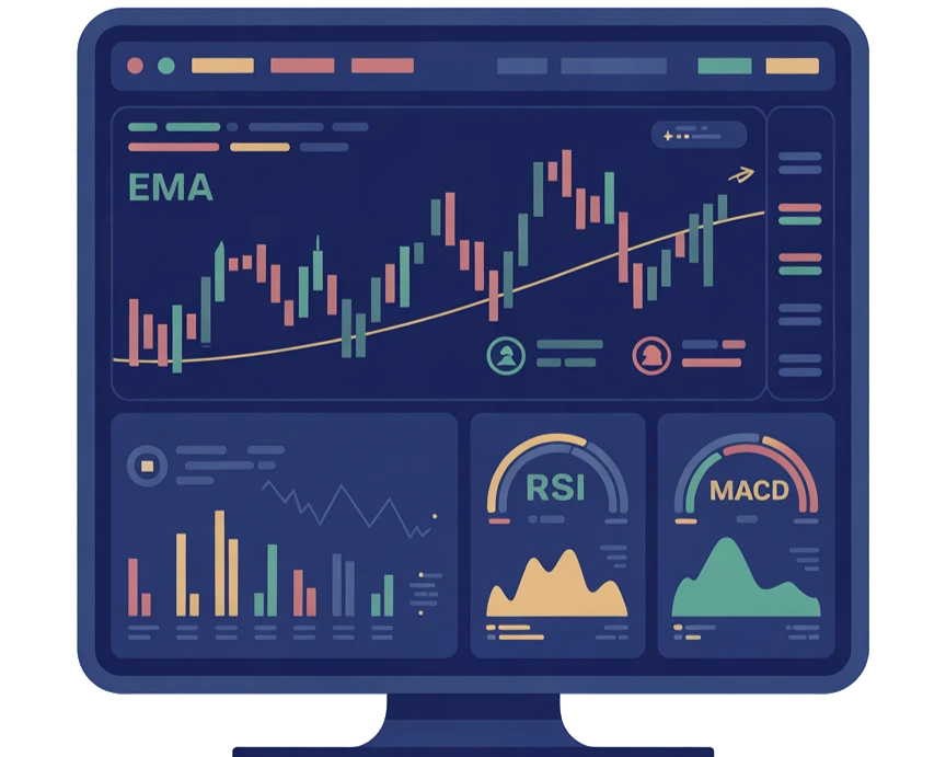 داشبورد تحلیل تکنیکال در مانیتور کامپیوتر که نمودار کندل استیک با میانگین متحرک (EMA) و اندیکاتورهای RSI و MACD را نشان میدهد.