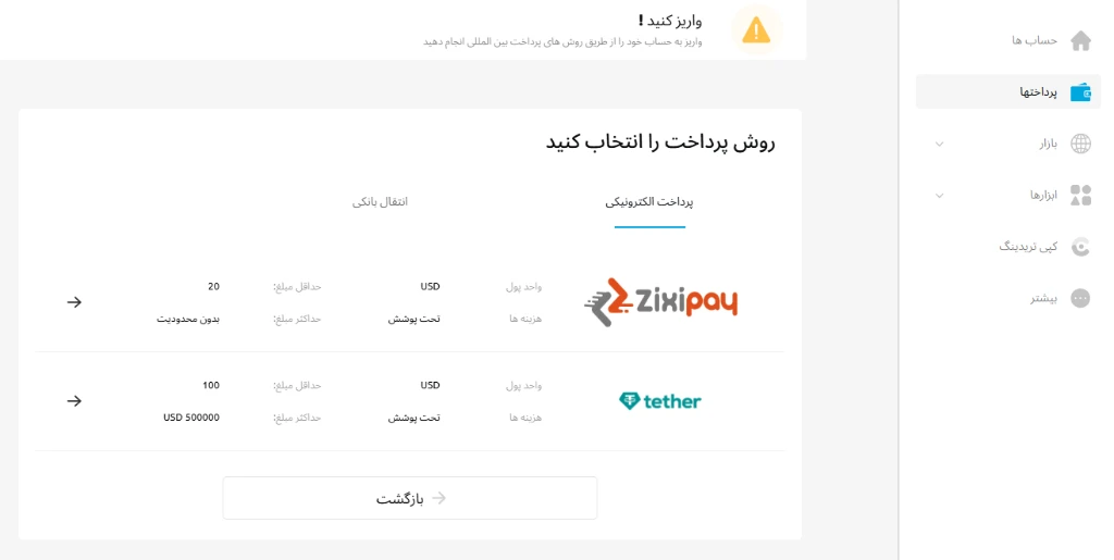 مرحله انتخاب روش پرداخت در WM Markets که گزینههای ZixiPay و Tether (USDT) را نمایش میدهد.