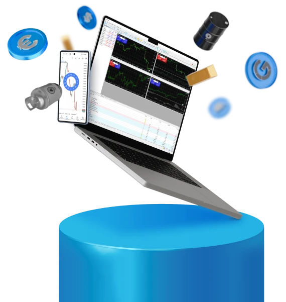 پلتفرم متاتریدر ۵ بروکر WM Markets بر روی لپتاپ، که با نمادهای معاملاتی مانند ارزها، طلا و نفت احاطه شده است.