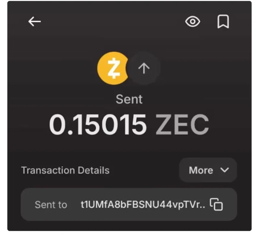 تصویر تایید ارسال موفقیتآمیز تراکنش در کیف پول زاشی.