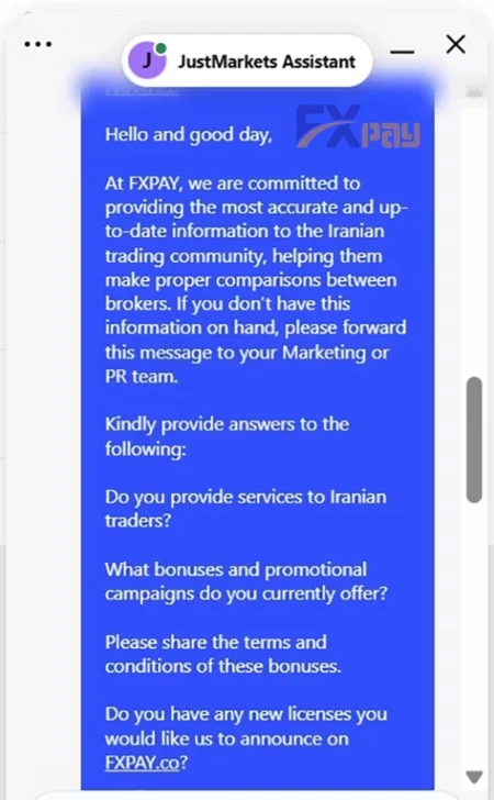 پرسشهای تیم تحقیق FXPAY از پشتیبانی جاست مارکتس درباره خدمات به ایران