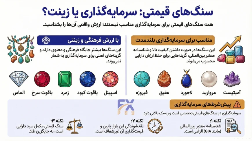 اینفوگرافیک مقایسه سنگ&zwnj;های قیمتی مناسب سرمایه&zwnj;گذاری مانند الماس و زمرد با سنگ&zwnj;های با ارزش فرهنگی مانند فیروزه و عقیق به همراه نکات کلیدی خرید.