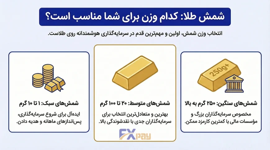 اینفوگرافیک وزن&zwnj;های شمش طلا: از ۱ گرم تا ۱۰ گرم (سبک)، ۲۰ تا ۱۰۰ گرم (متوسط) و ۲۵۰ گرم به بالا (سنگین) برای انتخاب بهترین شمش طلا برای سرمایه&zwnj;گذاری