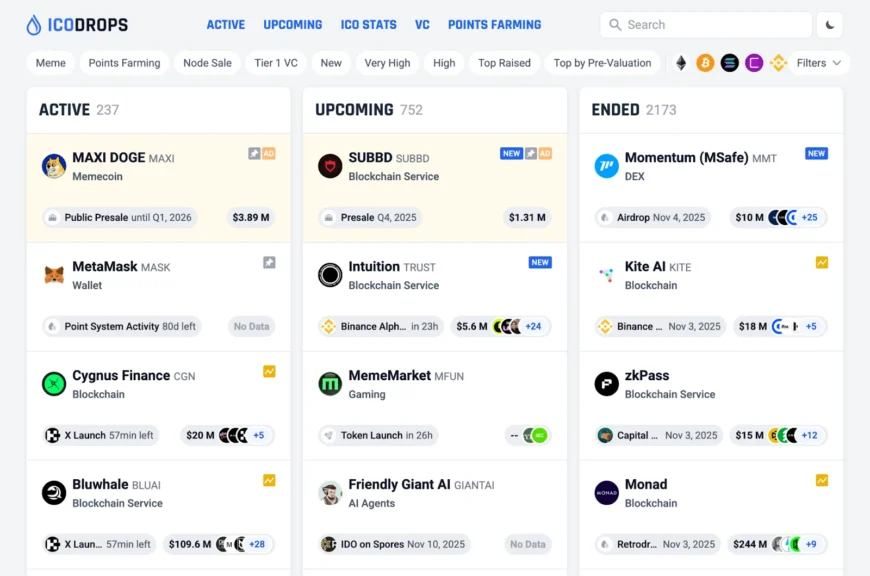 تقویم عرضه اولیه کوین و لیست پروژههای جدید در سایت ICO Drops