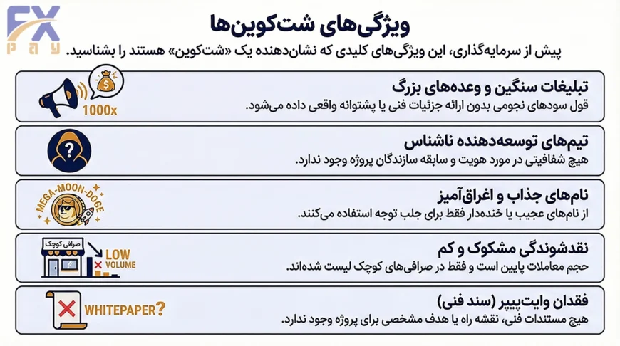 اینفوگرافیک نشانه&zwnj;های شناسایی شت&zwnj;کوین شامل نبود وایت&zwnj;پیپر معتبر و تیم توسعه ناشناس
