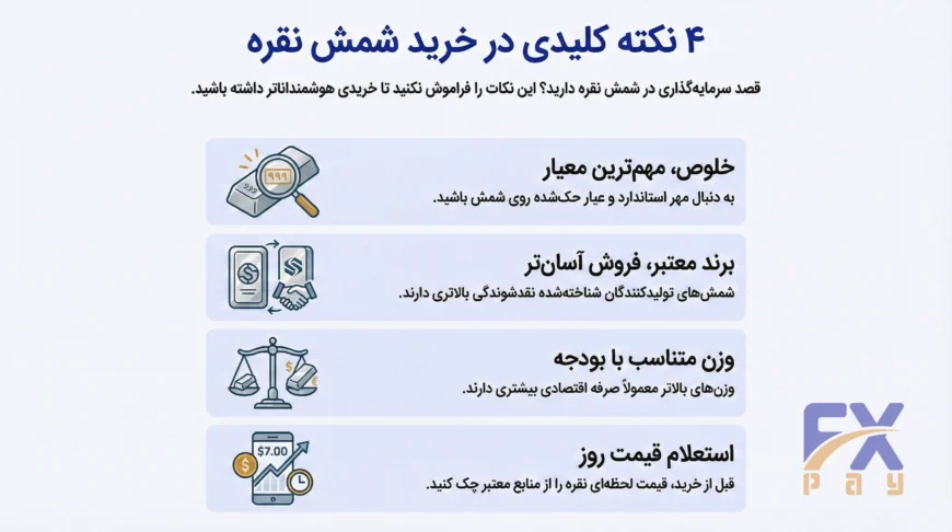 ۴ نکته کلیدی در خرید شمش نقره شامل بررسی خلوص، برند معتبر، وزن و استعلام قیمت روز