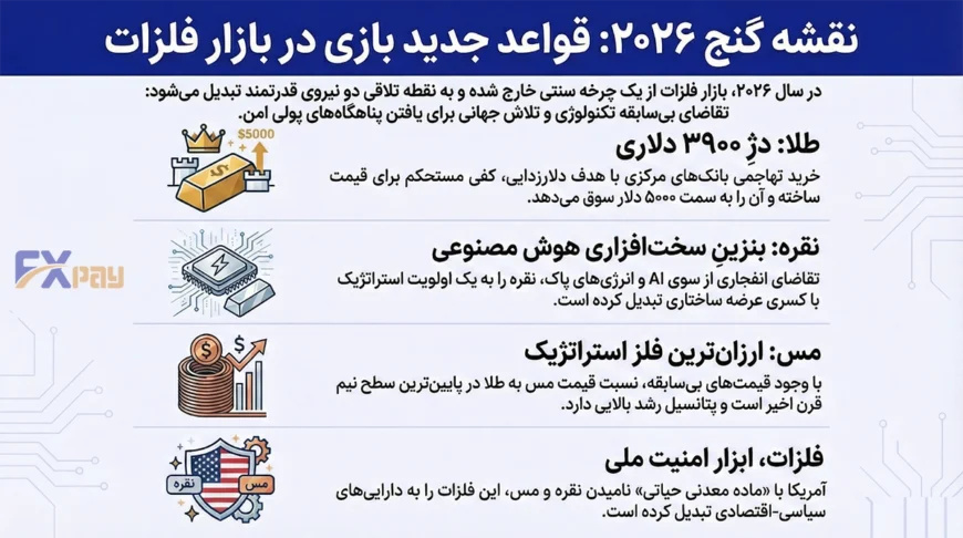 اینفوگرافیک نقشه گنج ۲۰۲۶ و قواعد جدید بازی در بازار فلزات شامل پیش&zwnj;بینی قیمت طلا، نقره و مس بر اساس هوش مصنوعی و امنیت ملی.