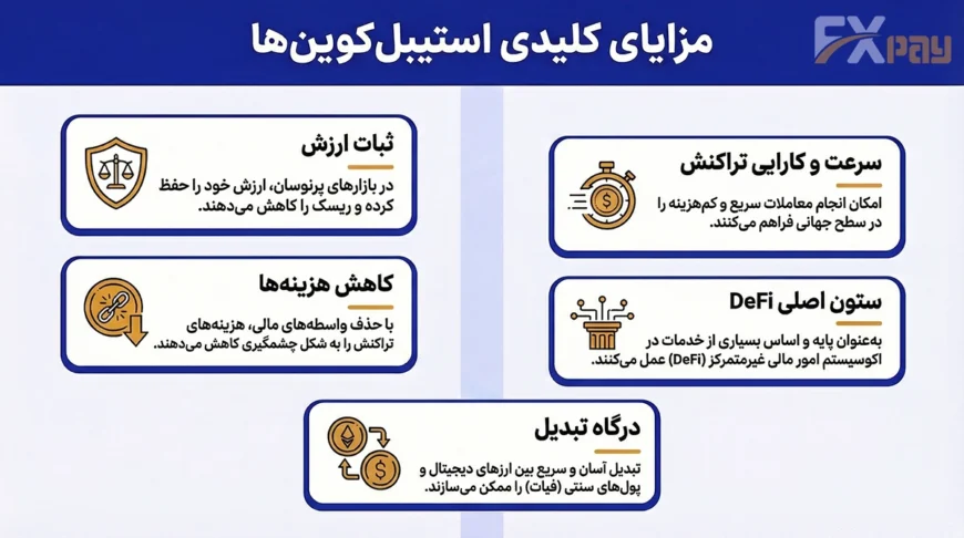 اینفوگرافیک مزایای اقتصادی و فنی استیبلکوینها مانند سرعت تراکنش و کاهش هزینهها