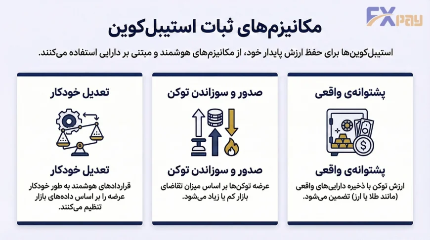 نمودار مکانیزمهای حفظ ثبات ارزش استیبلکوین: پشتوانه واقعی، تعدیل خودکار و سوزاندن توکن