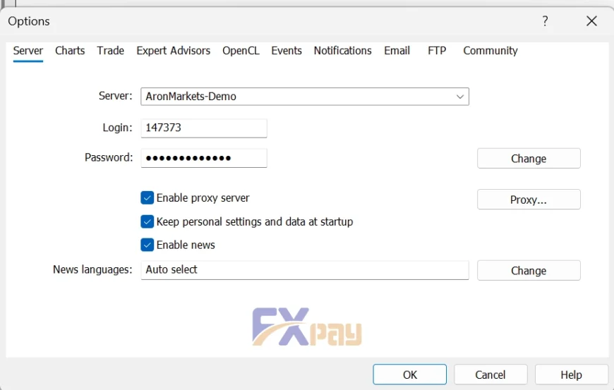 پنجره تنظیمات سرور و فعالسازی تیک پروکسی در متاتریدر