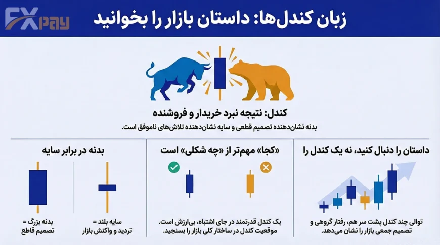 اینفوگرافیک آموزشی زبان کندل&zwnj;ها؛ بررسی نبرد خریدار و فروشنده، مقایسه بدنه و سایه، اهمیت موقعیت کندل در ساختار بازار و تحلیل توالی کندل&zwnj;ها برای درک رفتار گروهی.