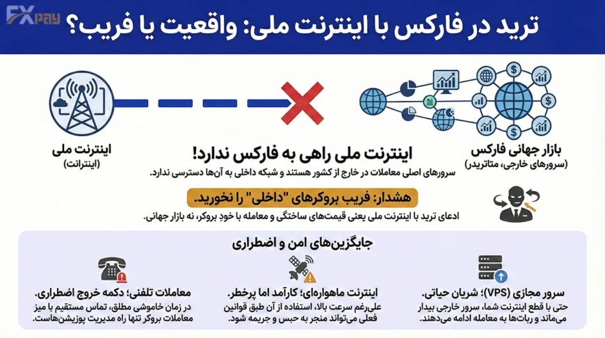 اینفوگرافیک بررسی امکان ترید فارکس با اینترنت ملی؛ نمایش عدم اتصال اینترانت به سرورهای جهانی، هشدار درباره فریب بروکرهای داخلی و معرفی راهکارهای جایگزین (VPS و استارلینک)