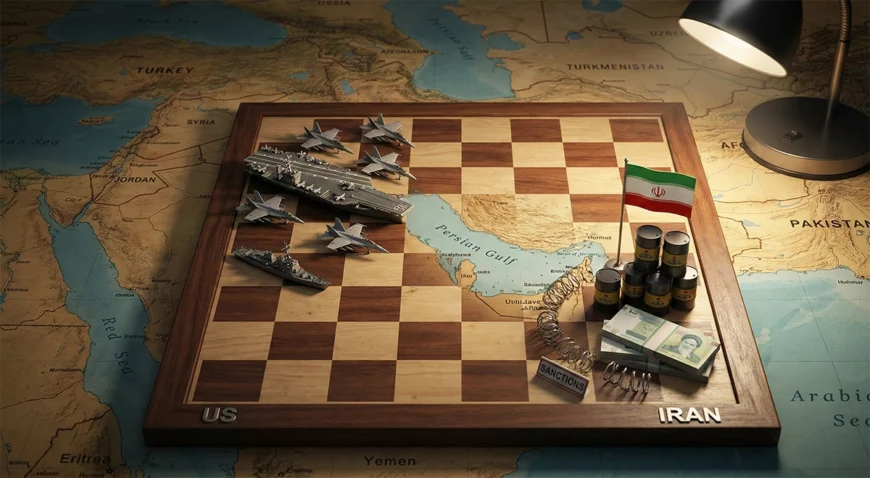 تصویر مفهومی صفحه شطرنج روی نقشه خلیج فارس؛ تقابل مهره&zwnj;های نظامی آمریکا (ناو و جنگنده) با نمادهای اقتصاد ایران (نفت و اسکناس) در حصار تحریم