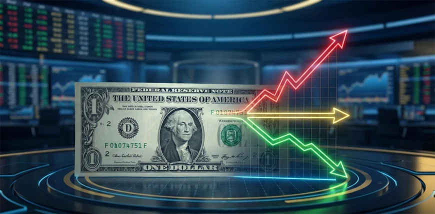 تصویر مفهومی پیشبینی قیمت دلار؛ نمودار سه شاخه روی اسکناس دلار نشاندهنده سناریوهای صعودی (قرمز)، خنثی (زرد) و نزولی (سبز) در بازار ارز