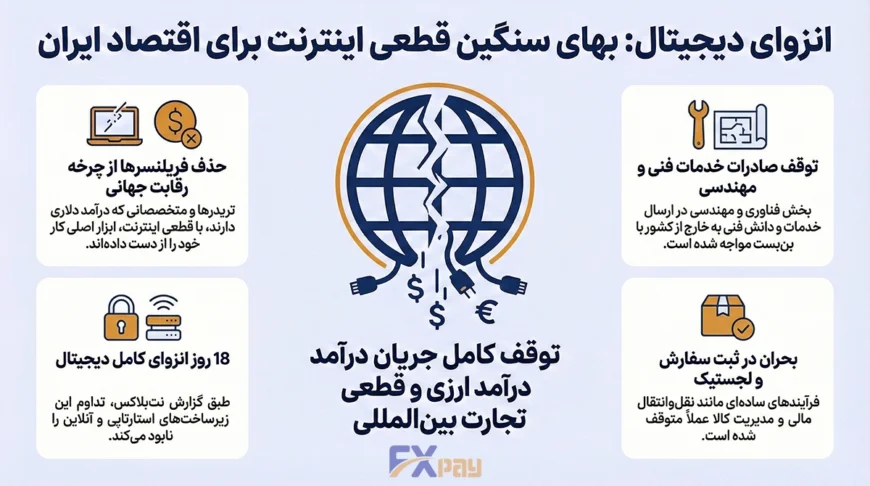 اینفوگرافیک انزوای دیجیتال و هزینه قطعی اینترنت برای اقتصاد ایران؛ حذف فریلنسرها از رقابت جهانی، توقف کامل تجارت بینالملل و بحران در لجستیک