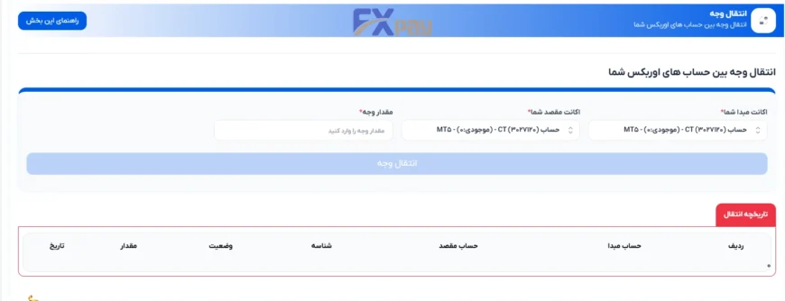 فرم انتقال وجه داخلی بین حسابهای معاملاتی و کیف پول در کابین شخصی