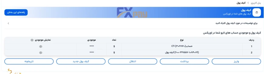 جدول نمایش موجودی کیف پولها و حسابهای معاملاتی در پنل کاربری Orbex