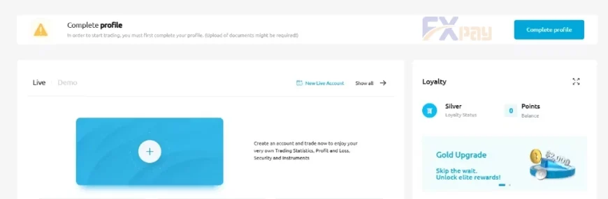 نمای داشبورد کاربری WM Markets و محل دکمه تکمیل پروفایل برای شروع احراز هویت