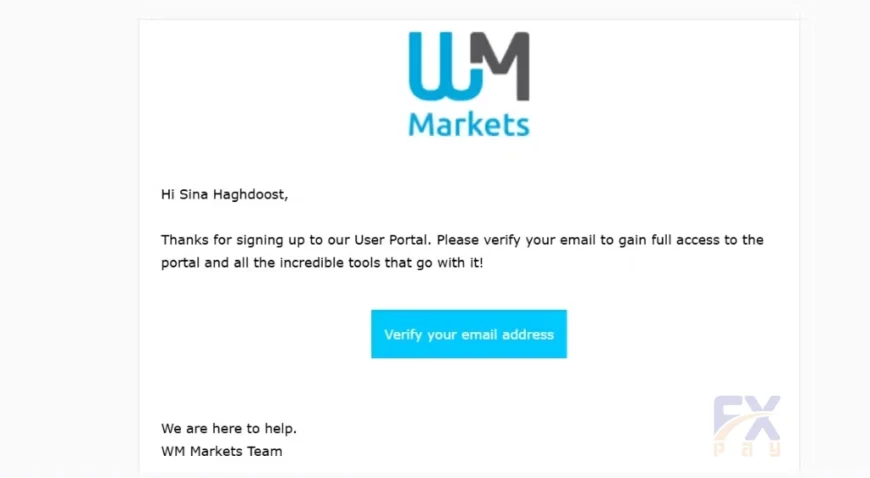 نمونه ایمیل ارسالی از طرف WM Markets حاوی لینک فعالسازی حساب کاربری