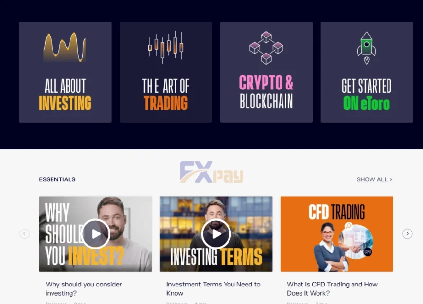 دستهبندی دورههای آموزشی آکادمی eToro شامل مبانی سرمایهگذاری، هنر معاملهگری و بلاکچین.