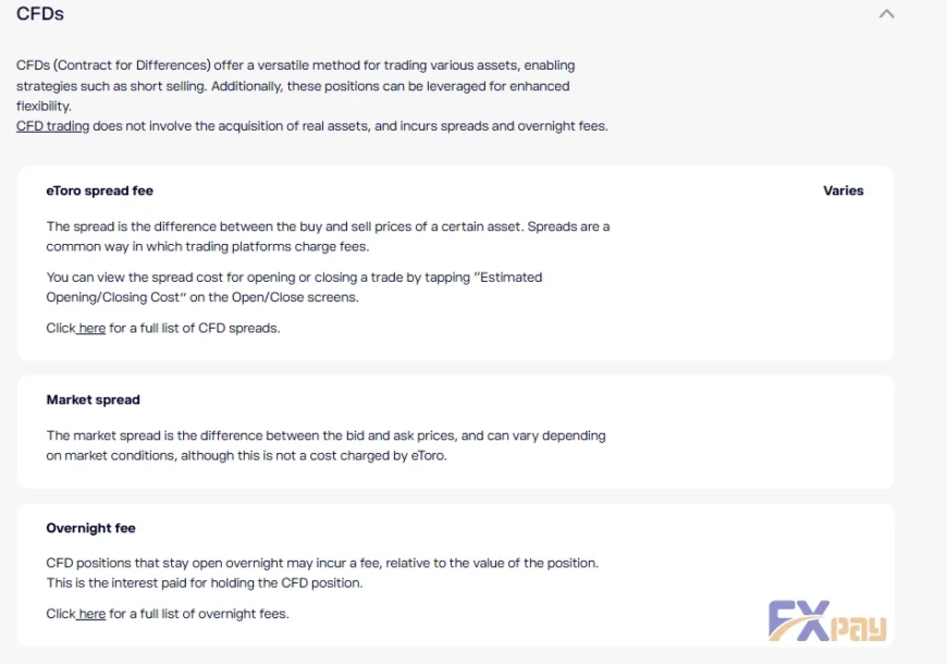 ساختار کارمزدها و هزینههای معاملاتی CFD در eToro؛ بررسی اسپردها و هزینههای نگهداری شبانه (Overnight Fee).
