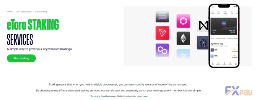 سرویس استیکینگ ارز دیجیتال در بروکر eToro جهت کسب درآمد غیرفعال از نگهداری رمزارزها.