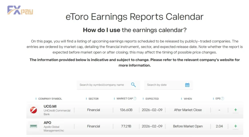 تقویم گزارشهای مالی شرکتها در بروکر eToro؛ نمایش ابزار جستجو و پیگیری زمان انتشار گزارش درآمدی سهامهای جهانی قبل و بعد از باز شدن بازار.