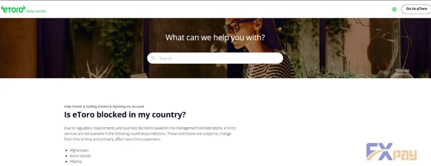 لیست کشورهای تحریمشده در بخش راهنمای رسمی eToro که نام ایران در میان آنها دیده میشود.