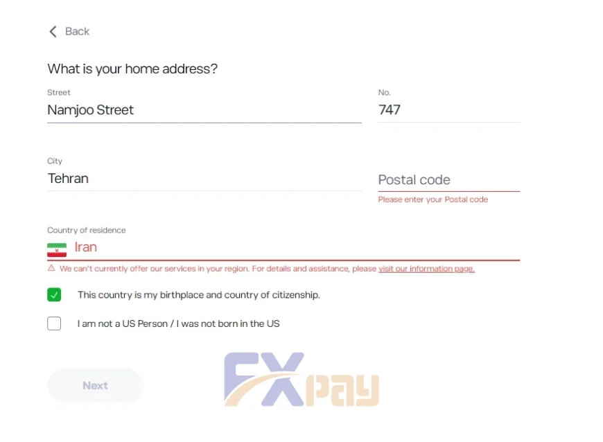 پیغام خطای ثبتنام بروکر eToro هنگام انتخاب کشور ایران (Iran) به دلیل محدودیتهای رگولاتوری.