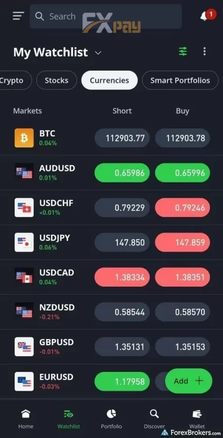 نمای واچلیست (Watchlist) در اپلیکیشن موبایل معاملاتی بروکر eToro برای مدیریت جفتارزها و کریپتو.