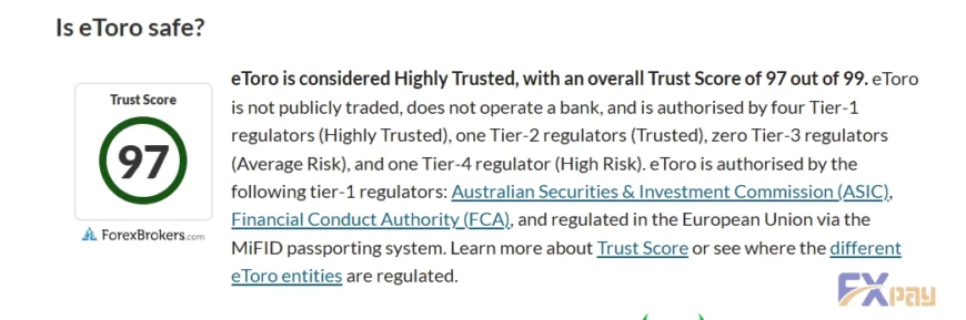 امتیاز اعتماد (Trust Score) بروکر eToro؛ کسب امتیاز ۹۷ از ۹۹ و تأیید امنیت بالای این کارگزاری.