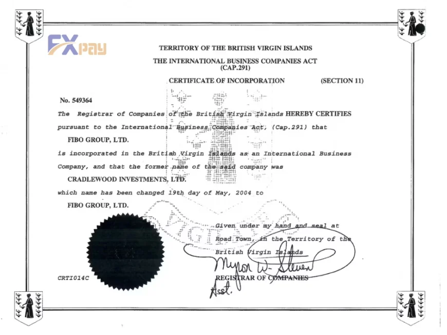 گواهی رسمی ثبت شرکت (Certificate of Incorporation) فیبوگروپ به عنوان یک شرکت بینالمللی در جزایر ویرجین بریتانیا.
