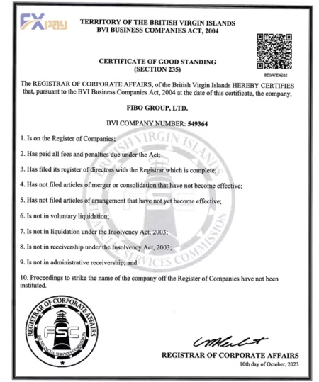 گواهی حسن عملکرد (Certificate of Good Standing) بروکر فیبوگروپ صادر شده از نهاد FSC جزایر ویرجین بریتانیا.