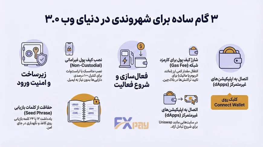 راهنمای تصویری ۳ گام ساده برای ورود به دنیای وب ۳.۰؛ شامل آموزش نصب کیف پول غیرامانی (مانند متامسک)، شارژ ارز برای کارمزد شبکه (Gas Fee) و اتصال به برنامههای غیرمتمرکز (dApps).