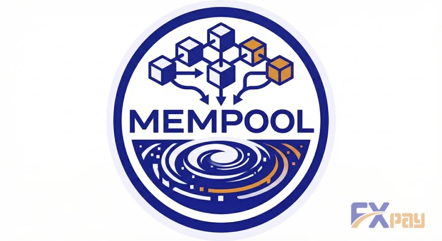 تصویرسازی مفهومی از ممپول (Mempool)؛ نمایش نمادین بلوک&zwnj;های بلاک&zwnj;چین که وارد استخر حافظه می&zwnj;شوند.