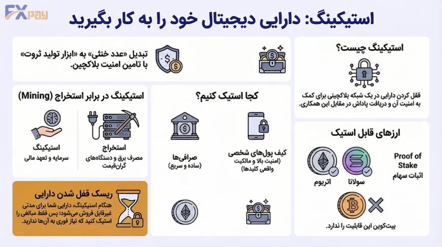 اینفوگرافیک جامع و خلاصه آموزش استیکینگ (Staking) ارز دیجیتال؛ مرور سریع مراحل کسب درآمد غیرفعال از کریپتو، روشهای استیک کردن و مقایسه آن با نگهداری ساده (هولد).