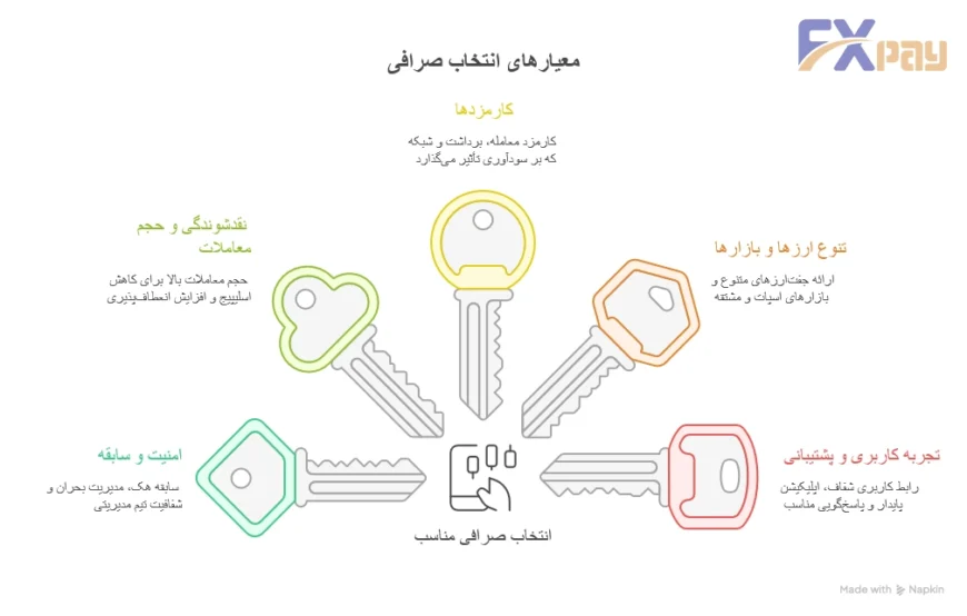اینفوگرافیک معیارهای کلیدی انتخاب بهترین صرافی کریپتو؛ بررسی اهمیت امنیت و سابقه، حجم معاملات، کارمزدها و تنوع جفتارزها.