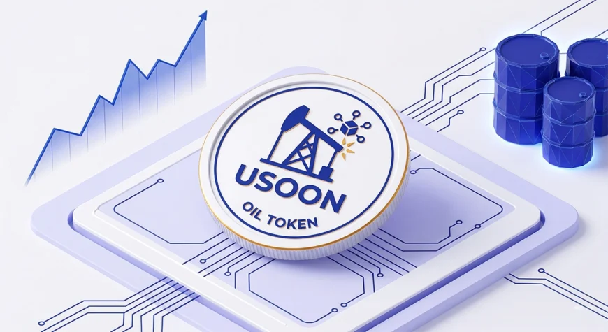 "نماد گرافیکی توکن نفت USOON روی برد الکترونیکی بلاکچین به رنگ سورمهای و سفید همراه با نمودار صعودی و بشکههای نفت دیجیتال"