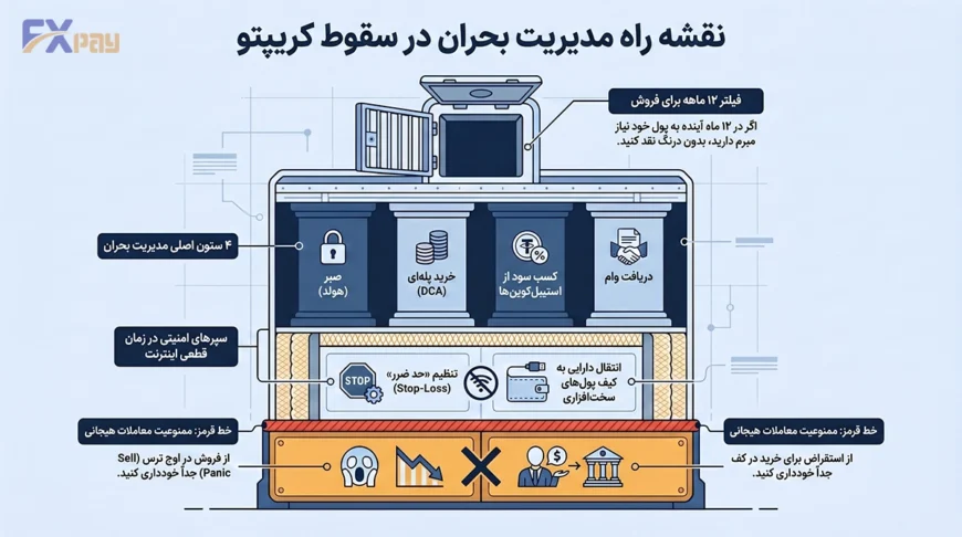 اینفوگرافیک مدیریت بحران در سقوط بازار کریپتو شامل استراتژی&zwnj;هایی مانند هولد، خرید پله&zwnj;ای (DCA)، کسب سود از استیبل&zwnj;کوین و دریافت وام کریپتویی