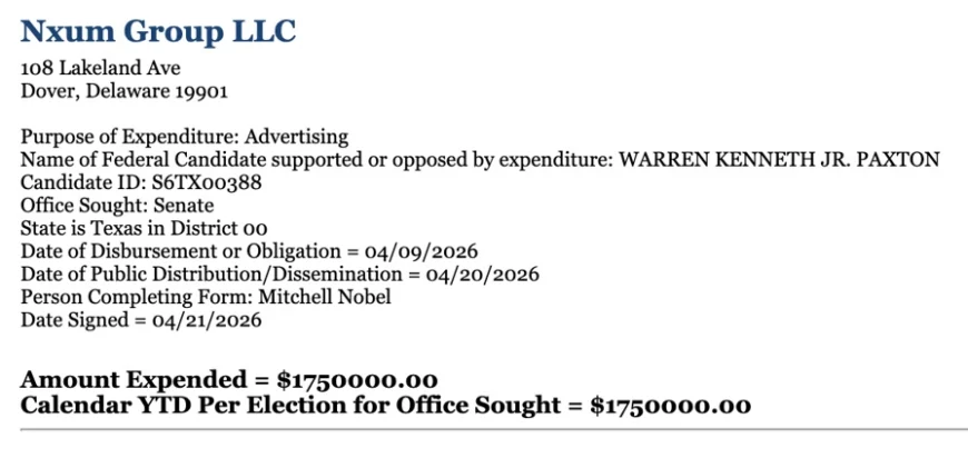 گزارش هزینه تبلیغاتی Fellowship PAC در انتخابات سنای تگزاس که نشاندهنده لغو کمپین حمایت از کن پکستون است