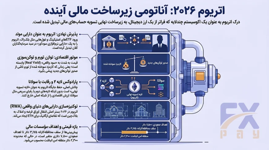 اینفوگرافیک عوامل تأثیرگذار بر قیمت اتریوم در سال ۲۰۲۶ شامل ETF، استیکینگ، لایه دوم، RWA و سیاست&zwnj;های کلان اقتصادی