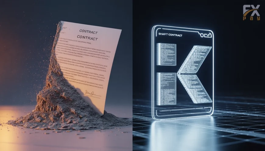 تکامل قراردادها در نسل سوم وب؛ طرح گرافیکی سه&zwnj;بعدی از منسوخ شدن قراردادهای فیزیکی در برابر اجرای خودکار و بدون واسطه اسمارت کانترکت&zwnj;ها.