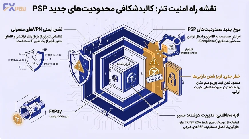 "اینفوگرافیک با عنوان 'نقشه راه امنیت تتر: کالبدشکافی محدودیت&zwnj;های جدید PSP'. تصویر نشان&zwnj;دهنده یک سیستم امنیتی مکعبی است. در سمت راست، بازوی نظارتی PSP به دلیل 'تطابق (Compliance)' و 'موج جدید محدودیت&zwnj;های PSP' باعث 'فریز شدن دارایی&zwnj;ها' و 'مسدود شدن کیف پول تتر' می&zwnj;شود. در سمت چپ، سپر محافظ آسیب&zwnj;دیده با عنوان 'نقص ایمنی VPNهای معمولی' نشان می&zwnj;دهد که پنهان کردن IP کافی نیست. در پایین، زیرساخت 'FXPay زیرساخت واسط' با 'مدیریت هوشمند مسیر' به عنوان لایه محافظتی برای جلوگیری از اتصال مستقیم به PSPهای خارجی معرفی شده است."