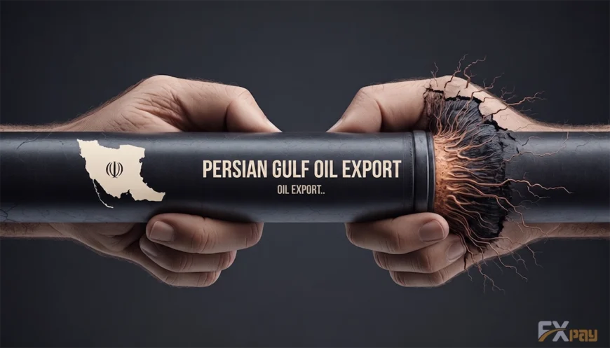 تصویری مفهومی از قطع صادرات نفت ایران؛ فشرده شدن لوله انتقال نفت خلیج فارس به نشانه محاصره اقتصادی تنگه هرمز و توقف درآمدهای ارزی.