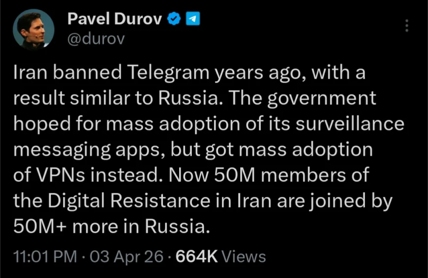 تصویر پست پاول دورف درباره شکست فیلترینگ تلگرام در ایران و استفاده ۵۰ میلیون کاربر از ابزارهای عبور از محدودیت