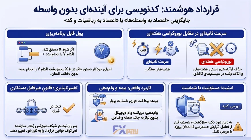 اینفوگرافیک جامع قرارداد هوشمند (Smart Contract)؛ بررسی مفاهیم پول قابل برنامهریزی، تغییرناپذیری کدهای بلاکچین، کاربرد در دیفای (بیمه و وامدهی) و اهمیت حسابرسی امنیتی (Audit).