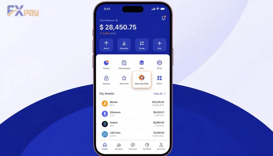 صفحه اصلی کیف پول ارز دیجیتال و انتخاب گزینه تنظیمات و Security Hub برای مشاهده کلمات بازیابی